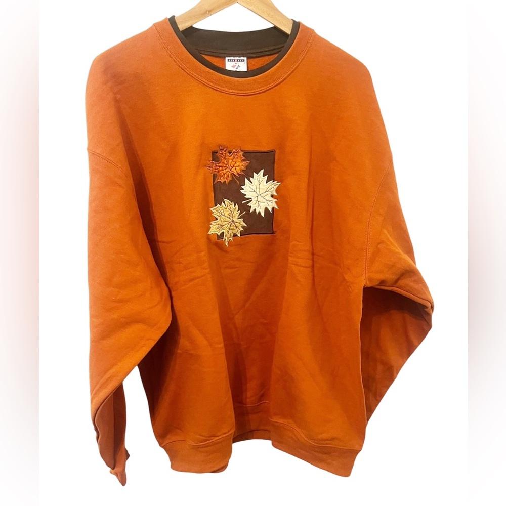 Jerzees Vintage Burnt Orange Leaves Embroidered Pullover Sweatshirt‎ Size XL